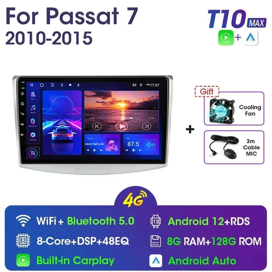 WiFi Controlled, T10 MAX-Fan Car Multimedia Video Player Navigation GPS, 10.1" Android 11.0, VW Passat B7 B6 CC 2010-2015