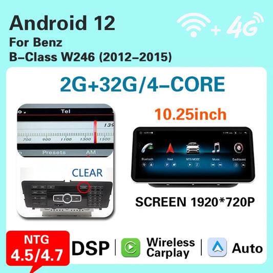 WiFi Controlled, Mercedes-benz W246 2011-2018, 8 Core, 4.5/10.25" Display, BT Wireless Carplay, 4G GPS, Multicolor, 4GB/32GB