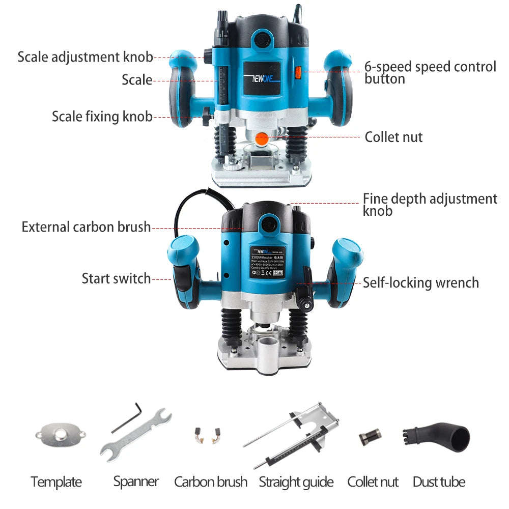 Wood Router, 220V, 1050W, 32000rpm, 6mm, Blue