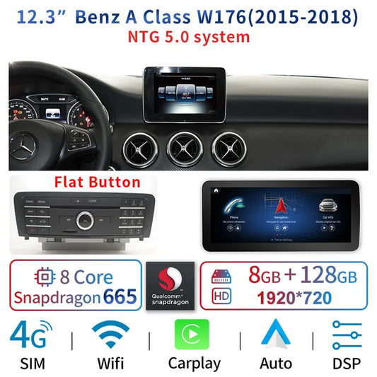 WiFi Controlled,  S665 NTG 5.0, 8-128GB, 12.3" Touch Screen Car Multimedia Radio, Mercedes A CLA GLA W176 C117 X156, Android, SIM, Bluetooth, Google, DSP Audio Stereo, Black, One Size.