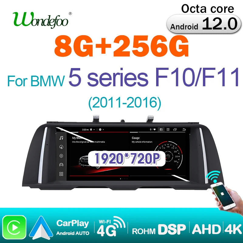 Wireless Speakers, , BMW 5 Series F10 F11 2011-2016, 12.5" 1920*720P Screen, Carplay Auto Stereo, Bluetooth 4G LTE, HPL-NBT-4G64G, Black, One Size.