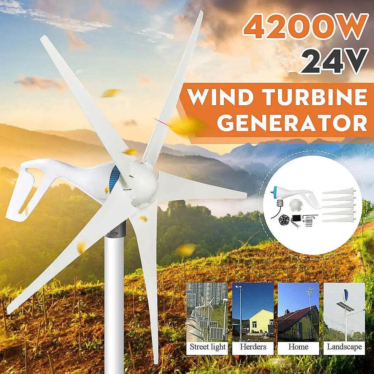 Wind Turbine Generator Power + Charge Controller, HNFD 6 Blades 12V/24V 4200W, 3/5/6 Blades, Blue, 2m/s Start Wind Speed, Windturbine, HNFD 4200W, 6 Blades, Blue