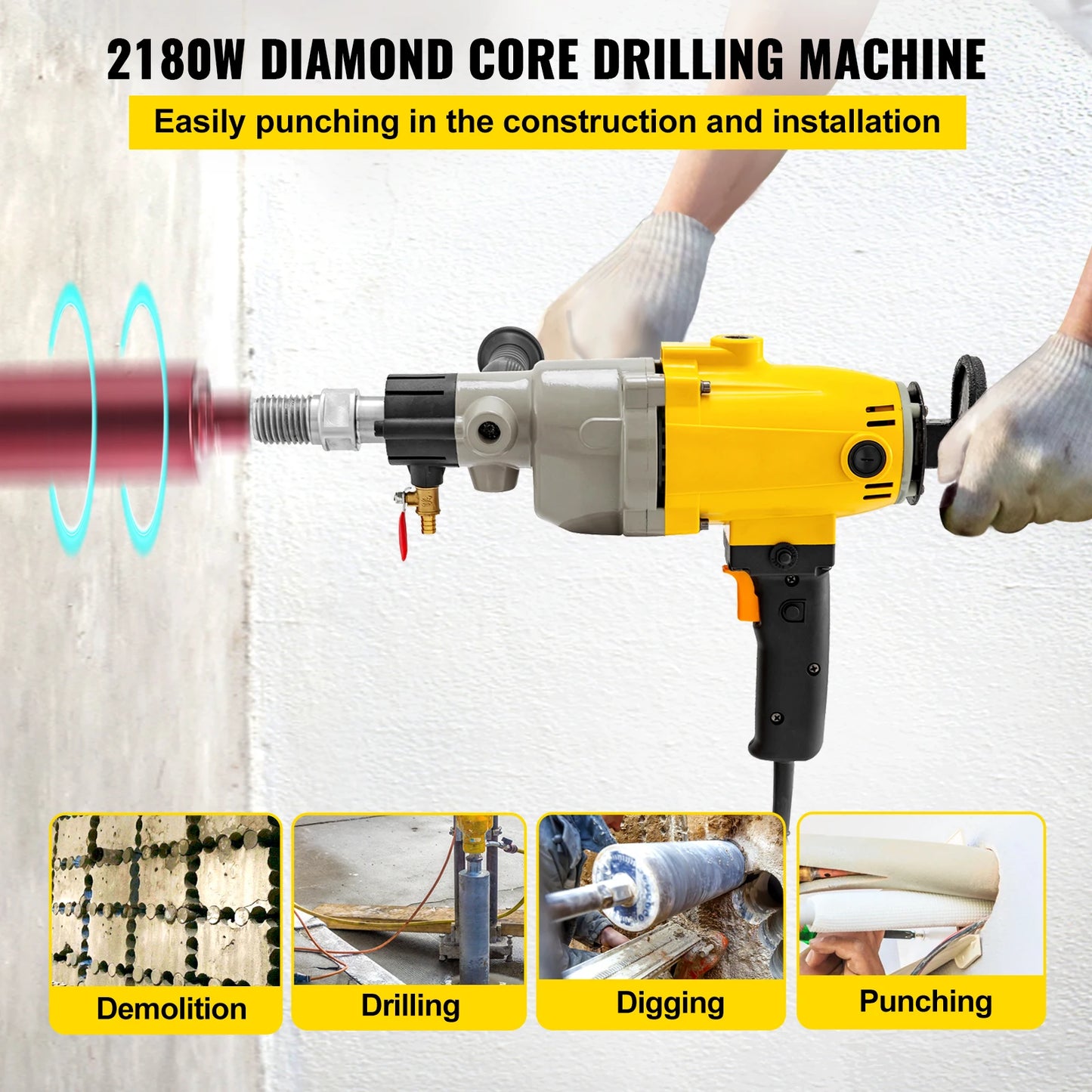 1880W 2180W Handheld Diamond Core Drill Rig 110mm 130mm 160mm 180mm Wet/Dry Electric Stepless Speed Drilling Tool Black