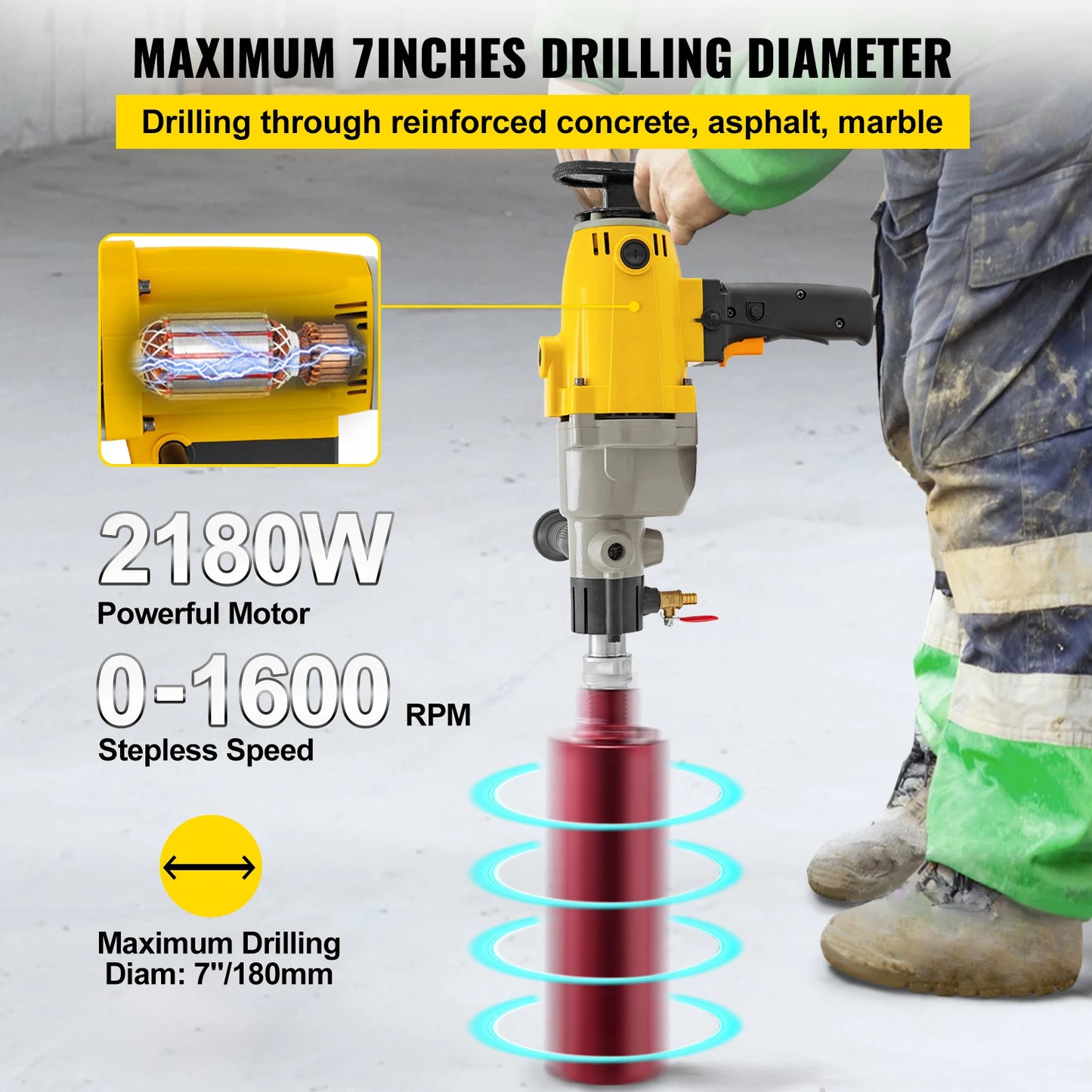 1880W 2180W Handheld Diamond Core Drill Rig 110mm 130mm 160mm 180mm Wet/Dry Electric Stepless Speed Drilling Tool Black