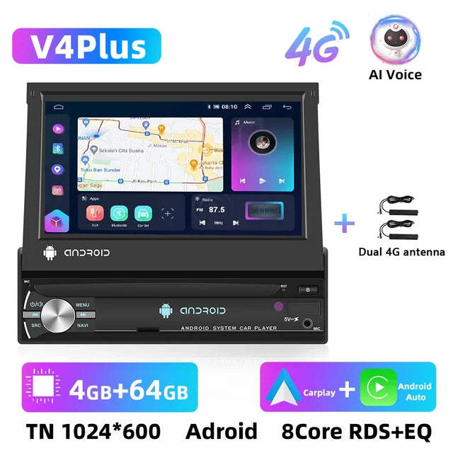 WiFi Controlled, 4 64G Radio, 1Din CarPlay Multimedia Video Player, Retractable Screen, Universal GPS Navigation Auto Audio Stereo, 7" Screen