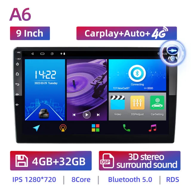 WiFi Controlled, 9 A6 4G 32G AI, 2 Din Android 7 9 10 Inch Universal Car Multimedia Video Player Stereo Radio GPS, Volkswagen Nissan Hyundai Kia Toyota, Black.