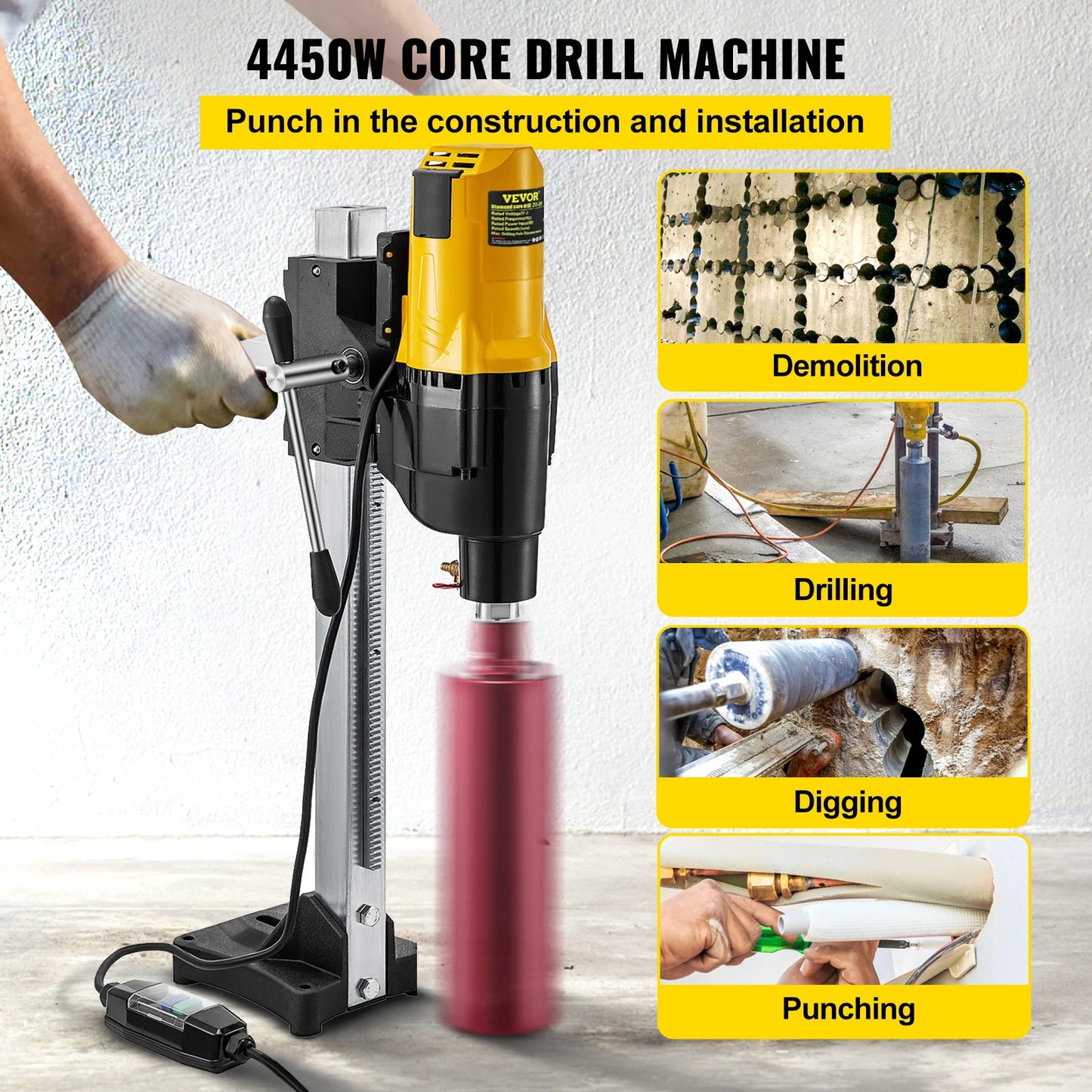 255mm Diamond Core Drill Rig Stand 4450W Engineering Wet Dry Concrete Marble Drilling Machine, Heavy Duty, Vertical, Bench, 4450W, 255mm