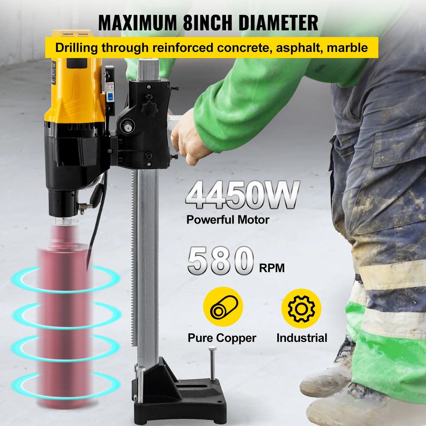 255mm Diamond Core Drill Rig Stand 4450W Engineering Wet Dry Concrete Marble Drilling Machine, Heavy Duty, Vertical, Bench, 4450W, 255mm