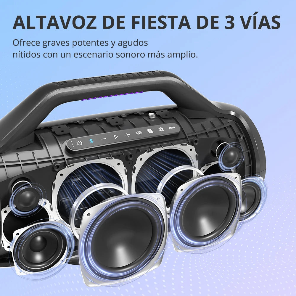 Wireless Speaker, Portable, 3 Way Sound, APP Control, 130W, 18000mAh, IPX6, Black