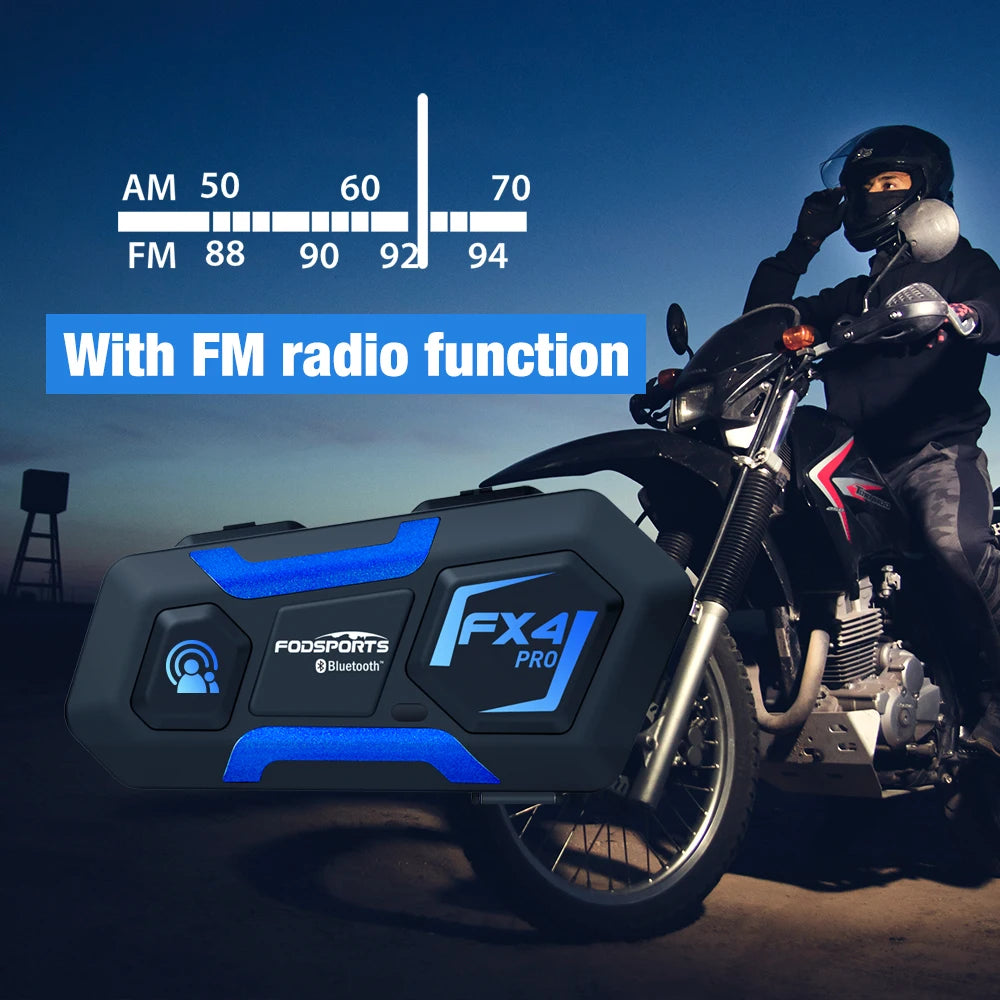 2pcs FX4 Pro Bluetooth Helmet Headset 1000m 4 Way Interphone FM Radio, Model: FX4 Pro, 1000m range, Black, One Size