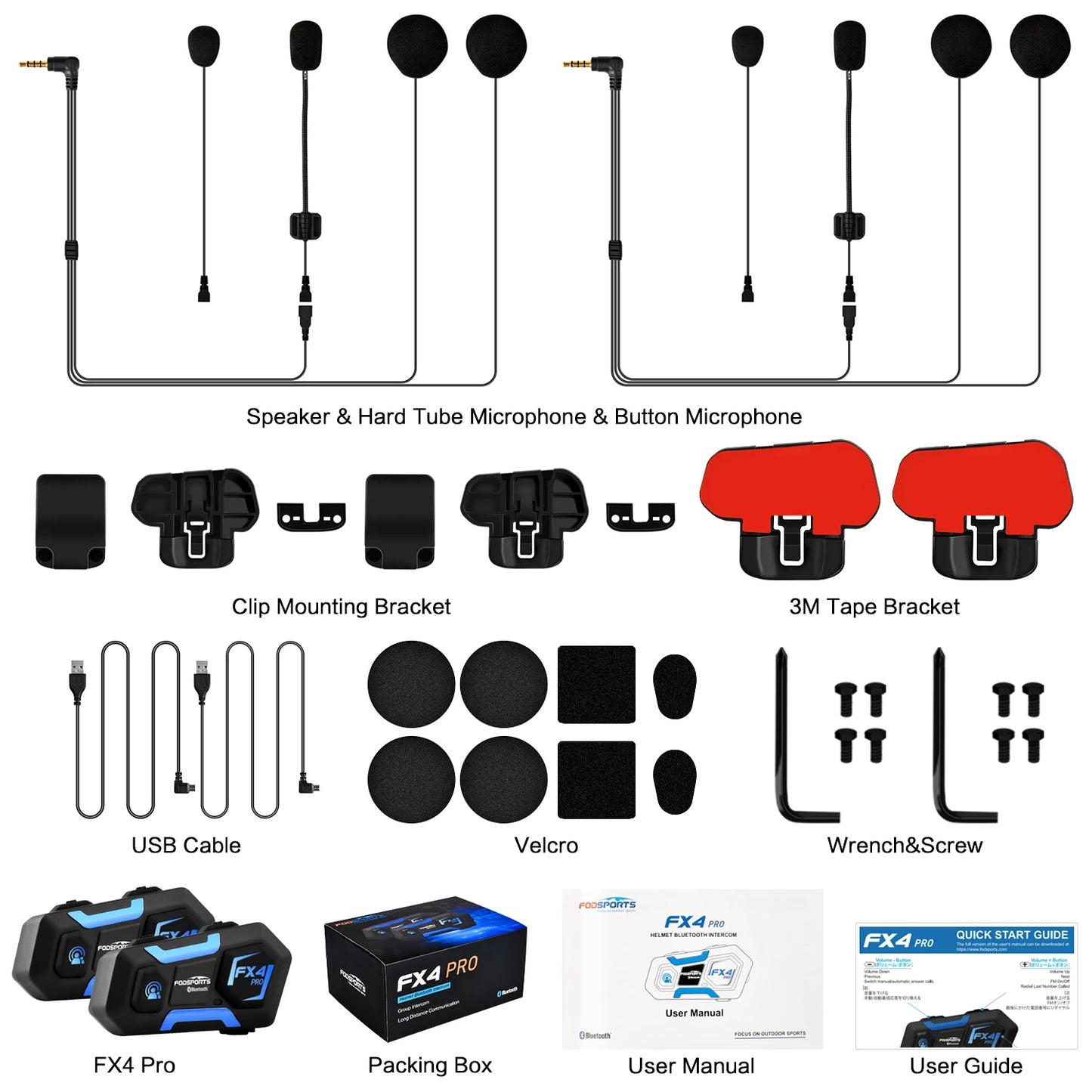 2pcs FX4 Pro Bluetooth Helmet Headset 1000m 4 Way Interphone FM Radio, Model: FX4 Pro, 1000m range, Black, One Size