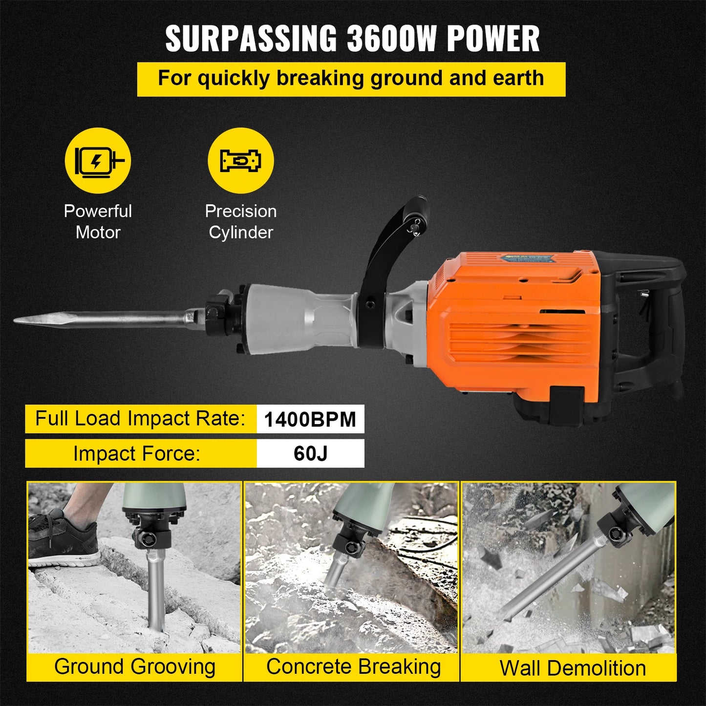 3600W Jack Hammer Drill W/ 2 Chisels Ground Breaking Concrete Electric Impact Drilling Machine, Heavy, 3600W, Yellow, Standard