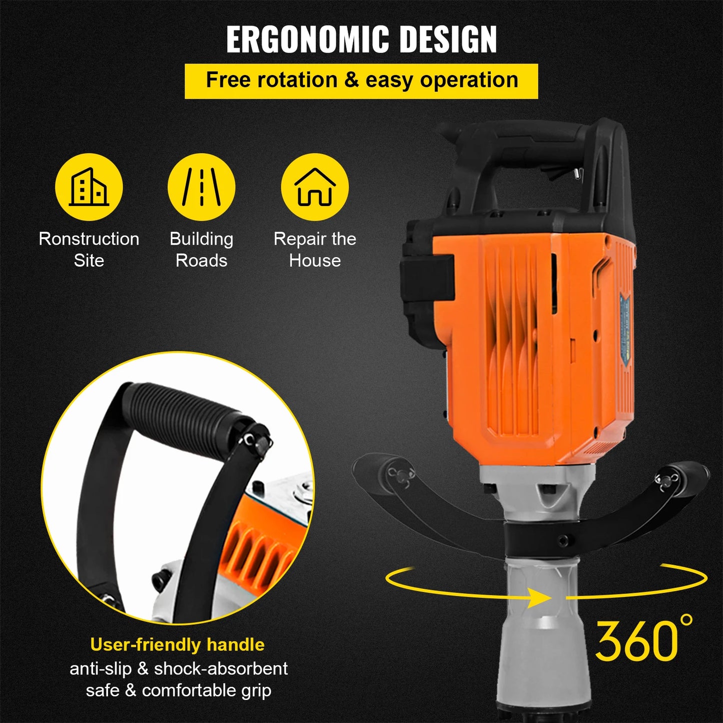 3600W Jack Hammer Drill W/ 2 Chisels Ground Breaking Concrete Electric Impact Drilling Machine, Heavy, 3600W, Yellow, Standard