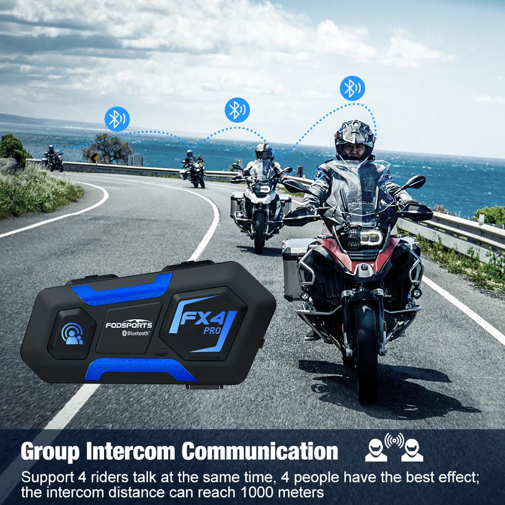 2pcs FX4 Pro Bluetooth Helmet Headset 1000m 4 Way Interphone FM Radio, Model: FX4 Pro, 1000m range, Black, One Size