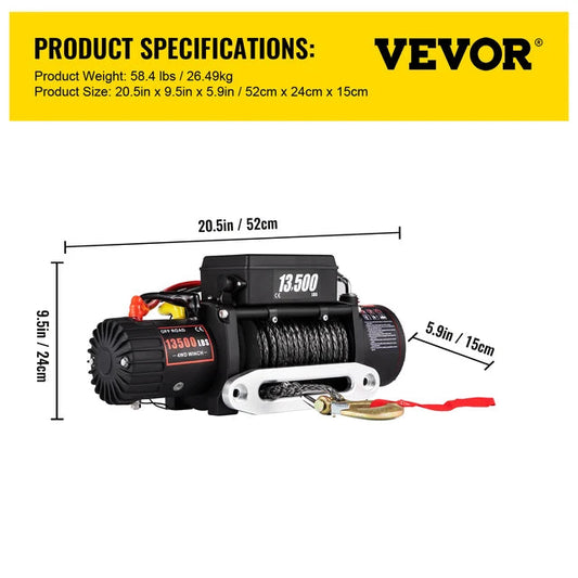 13500LBS Electric Winch, VEVOR, 12V, 4X4, 92FT Synthetic Rope, Wireless Control, ATV/Truck, Off Road