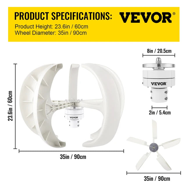 Wind turbine generator, 600W Vertical Axis, 12V 100W/400W/600W, Alternative Energy, Controller, Black, Small