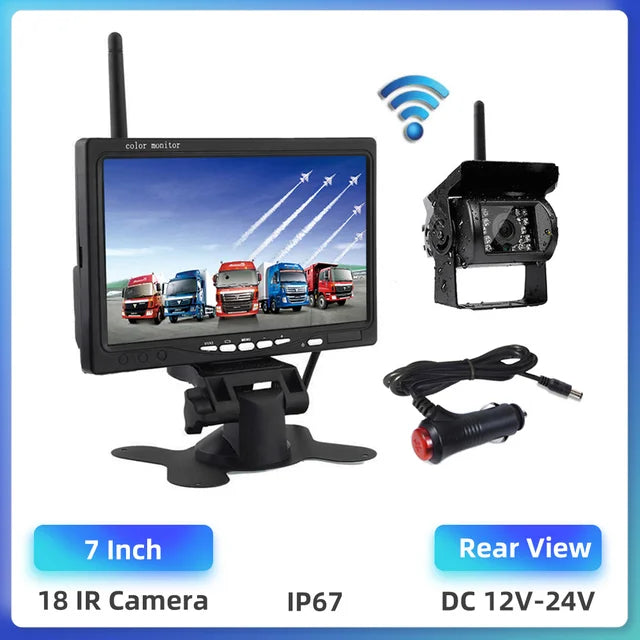 Wireless Backup Camera, 7" HD TFT LCD, 12V 24V, Charger, Trucks Bus RV Trailer