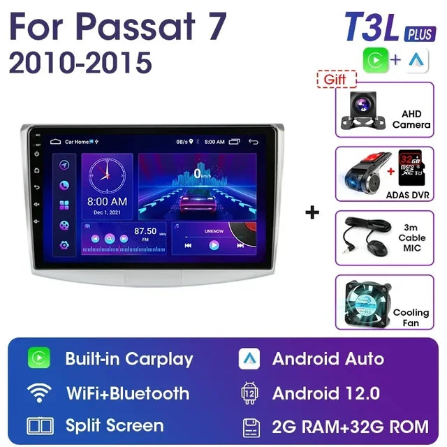 WiFi Controlled,  T3L PLUS-ADAS, 10.1" 4G Android 11.0 Car Multimedia Player, Navigation GPS for VW Passat B7 B6 CC 2010-2015, Carplay, Black, 2din