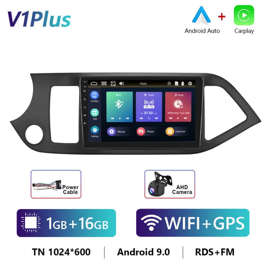 WiFi Controlled, Podofo, Carplay AHD, Android 10, 16G, 4G, 2din 8+128G, GPS Navigation Stereo Multimedia Player, KIA Picanto 2012-2016