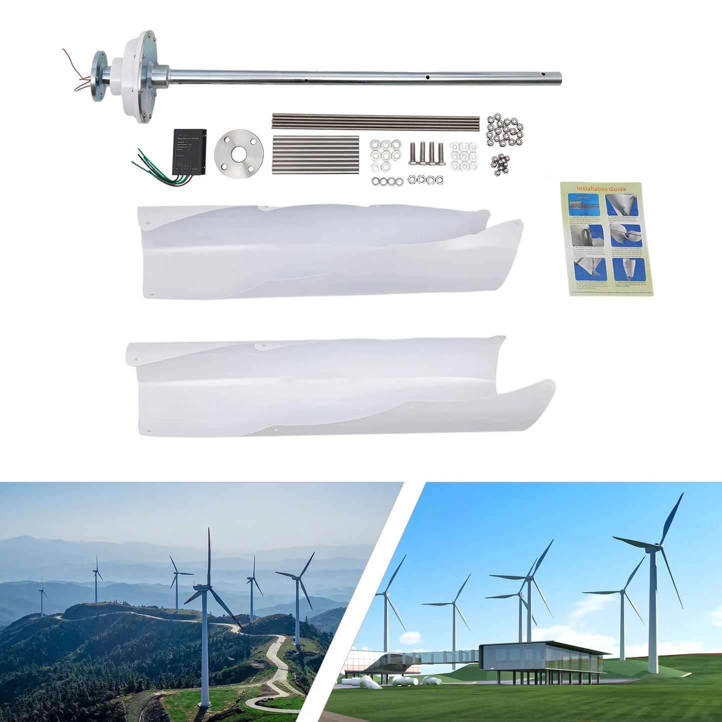 Wind Turbine Generator, Electric, with PWM Controller, 24V, 400W, 2 Blades, White