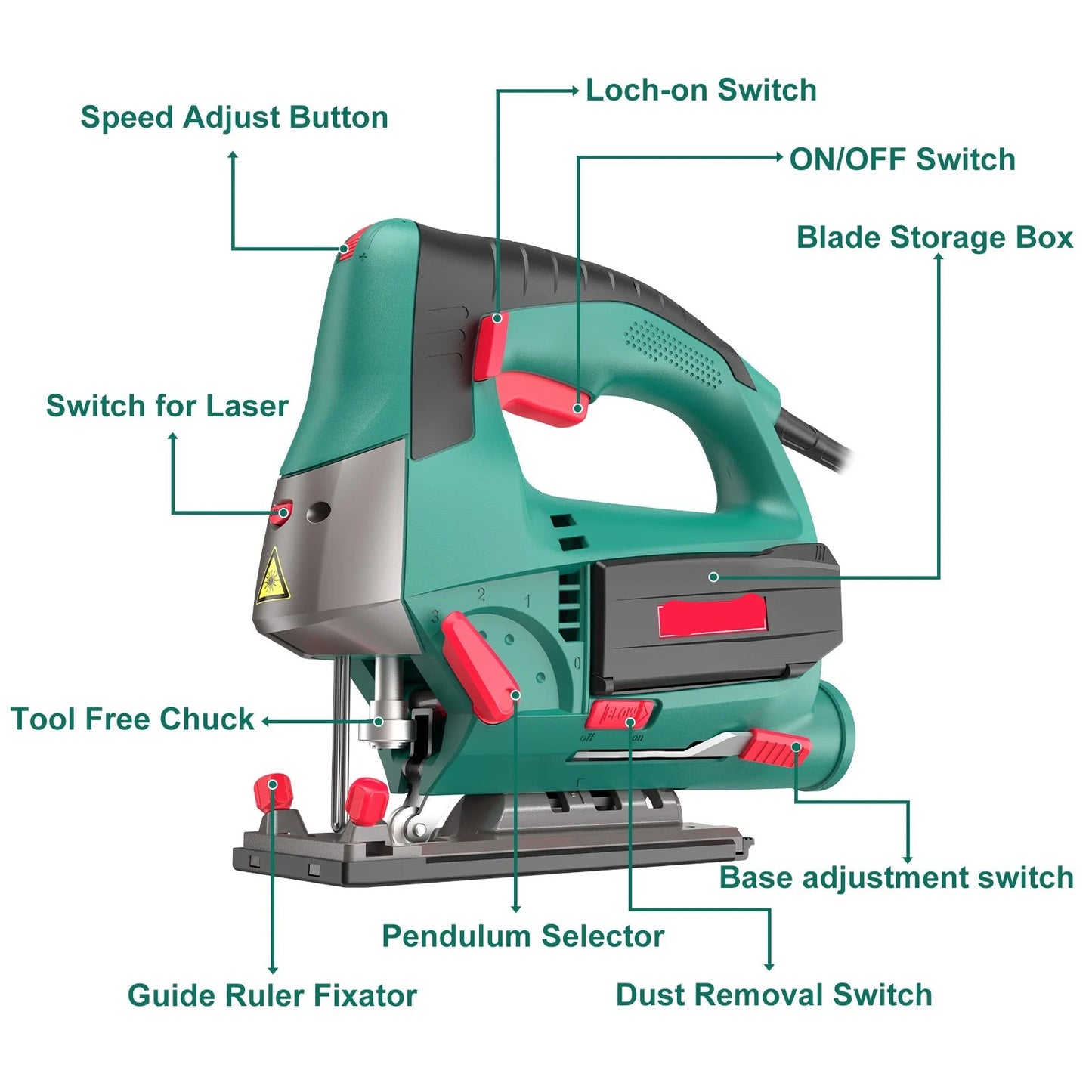 Wood Router, 230V, 750W, 3000rpm, 6 Variable Speed, Laser, 10mm, Green