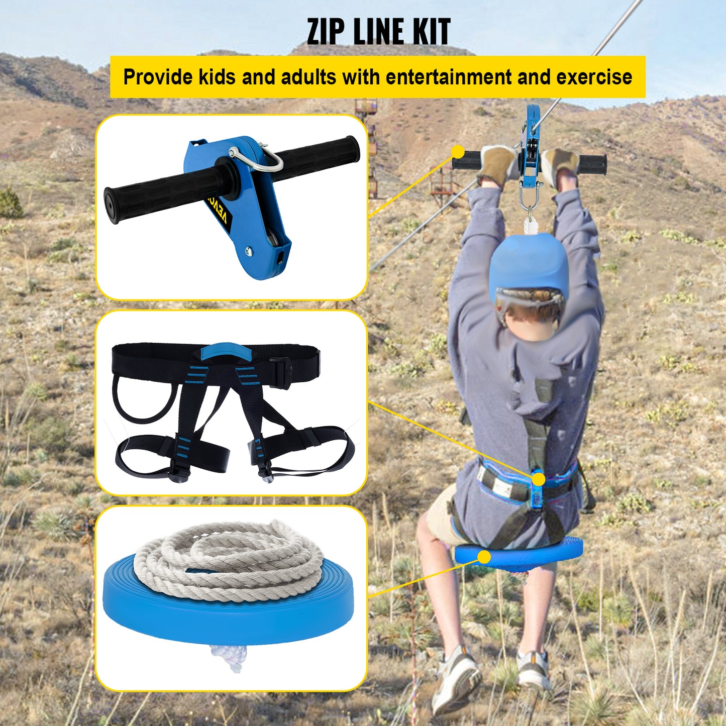 Zip Line Kit, Vevor, VV-YDS-80FT250LBS, Swing Seat, Brake, Trolley,  80ft, Blue