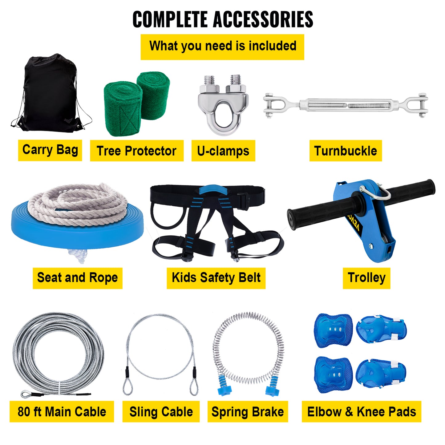 Zip Line Kit, Vevor, VV-YDS-80FT250LBS, Swing Seat, Brake, Trolley,  80ft, Blue