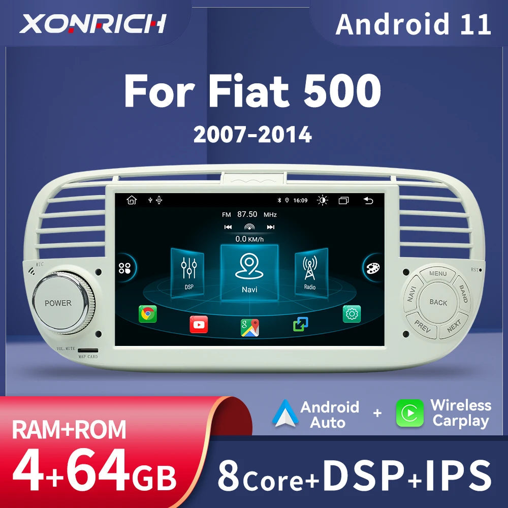 Wireless Speakers, , 8Core 4GB Android 11 Car Multimedia Player, Carplay, GPS Navigation, RDS Stereo Audio, 2Din Head Unit, IPS DSP, 2GB 32GB OBD2 Cam, FIAT 500, Black, Regular