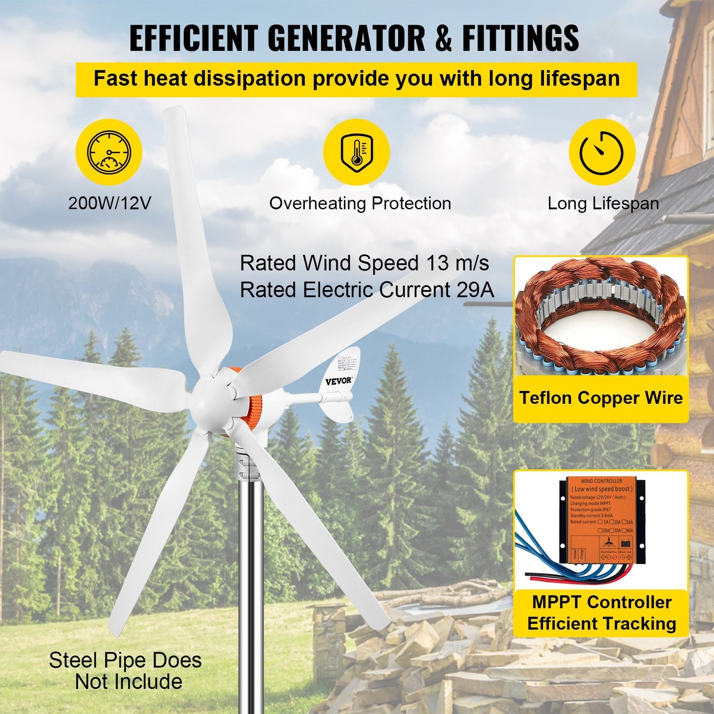 Wind Turbine Generator, 12V, 400W, MPPT Controller, 3 Blades, White