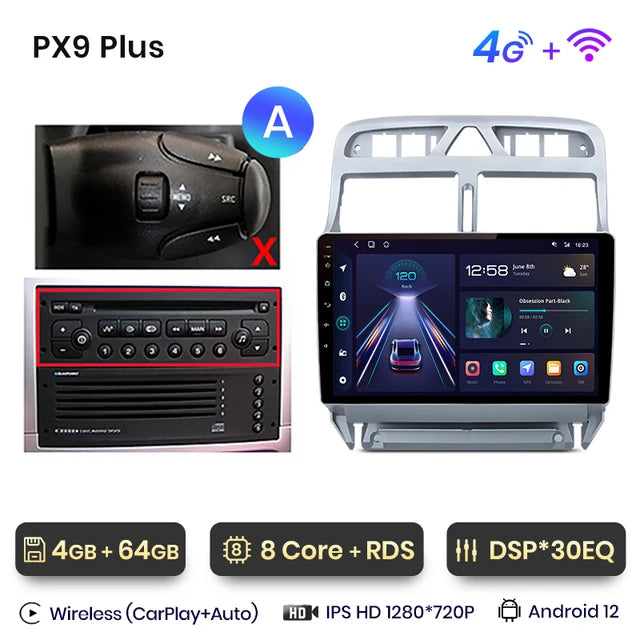 WiFi Controlled, PX9 Plus, 4-64, Car Radio, Peugeot 307 307CC 307SW 2002 - 2013, wireless CarPlay Android Auto, No 2 din DVD