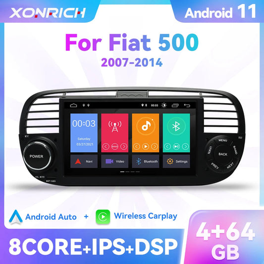 Wireless Speakers, , Car Radio, Android Auto, Car Multimedia Player, Stereo, GPS Navigation, DVD Video, DSP, RDS Audio, 64GB, DVR, OBDCam, for FIAT 500, Black, 2 Din