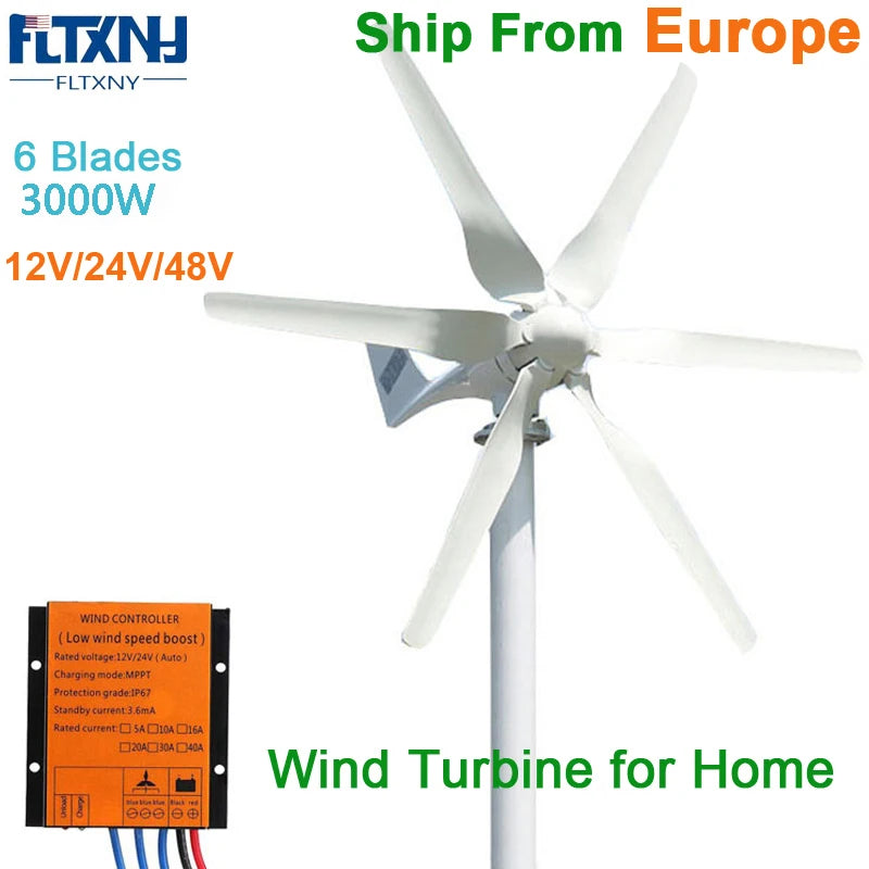 Wind Turbine  POWER 3000W 12V 24V 48V Small with PWM Controller 6 blades