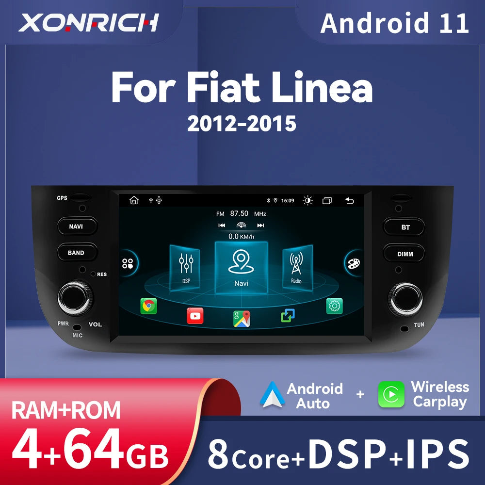 Wireless Speakers, , Android Car Multimedia Player, 4GB RAM 64GB Storage, Fiat/Linea/Punto Evo 2012-2015, 2 Din, GPS Navigation Stereo Audio, DVR, Black, One Size.