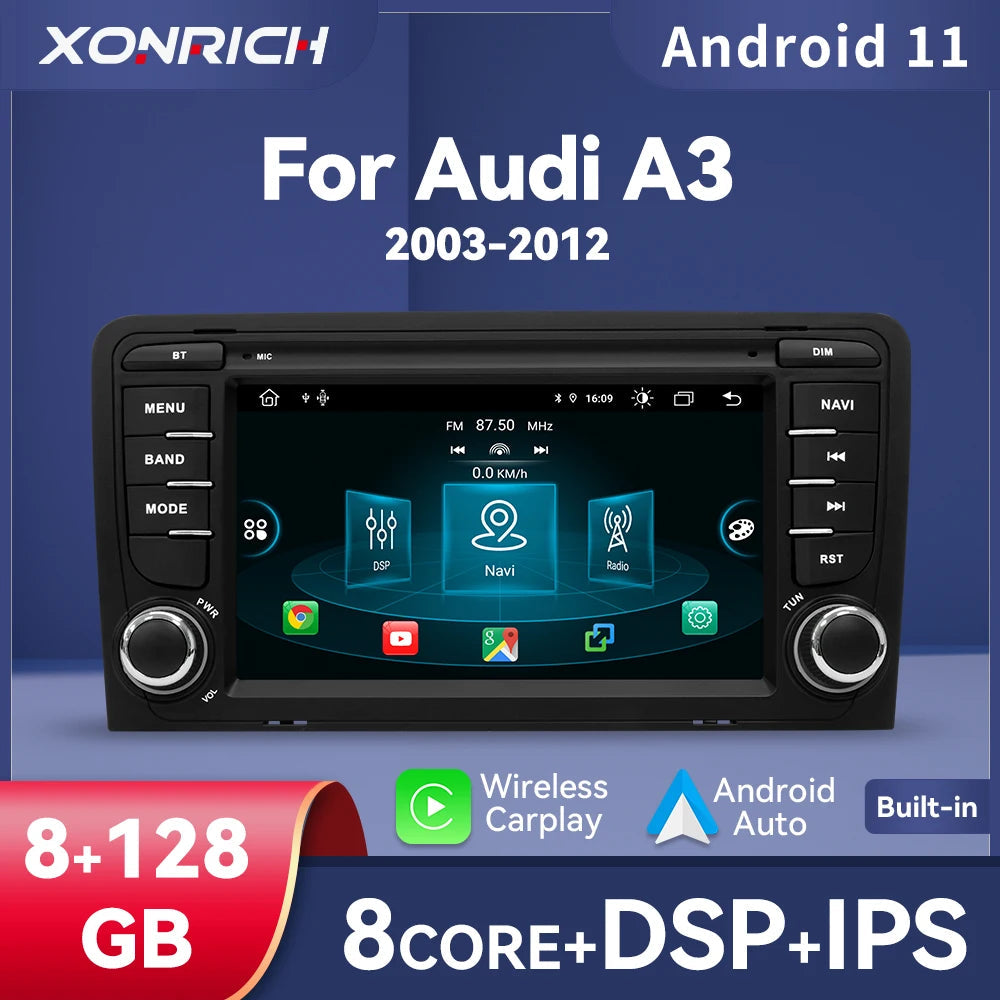 Wireless Speakers, , Audi A3 2 8P 2003-2013, 8GB+128GB, Carplay Android Auto, GPS Navigation, Multimedia DSP Audio, 8Core, 4GB 64GB.