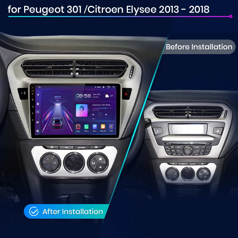 Wireless CarPlay Android Auto Radio Peugeot 301 Citroen Elysee 2013-2018 4G Multimedia GPS 2din autoradio V1 C (1GB 32GB), Black.