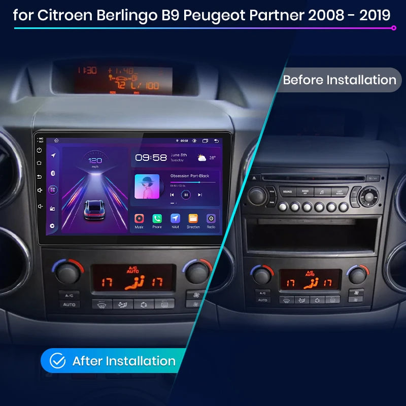 Haut-parleurs sans fil, Citroën Berlingo B9 2008-2019, GPS multimédia de voiture 4G, autoradio 2din V1 (1 Go 16 Go), noir, taille unique.