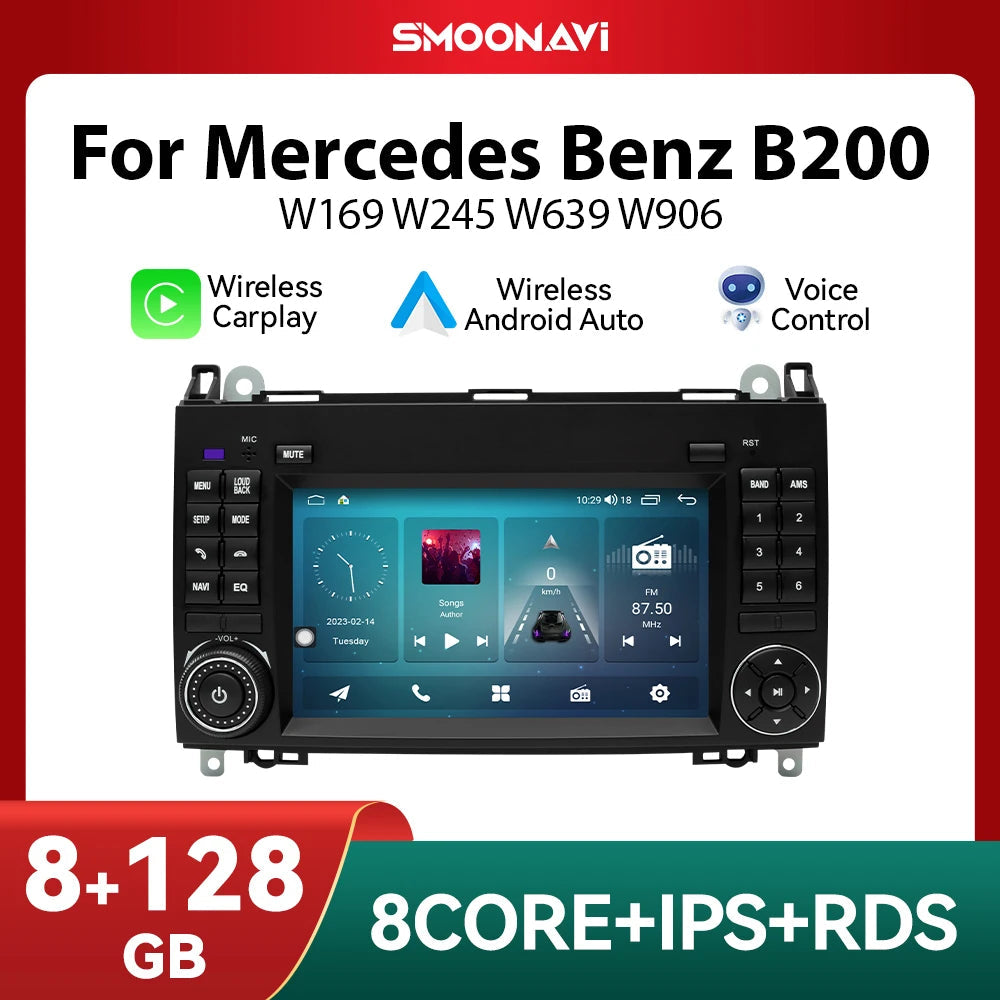 Wireless Speakers, , Carplay Android 12, 8GB RAM, 128GB ROM, Mercedes Benz B200 Sprinter W906 W639 AB Class W169 W245 Viano Vito, GPS Wifi, 4GB RAM, 64GB ROM. Black.