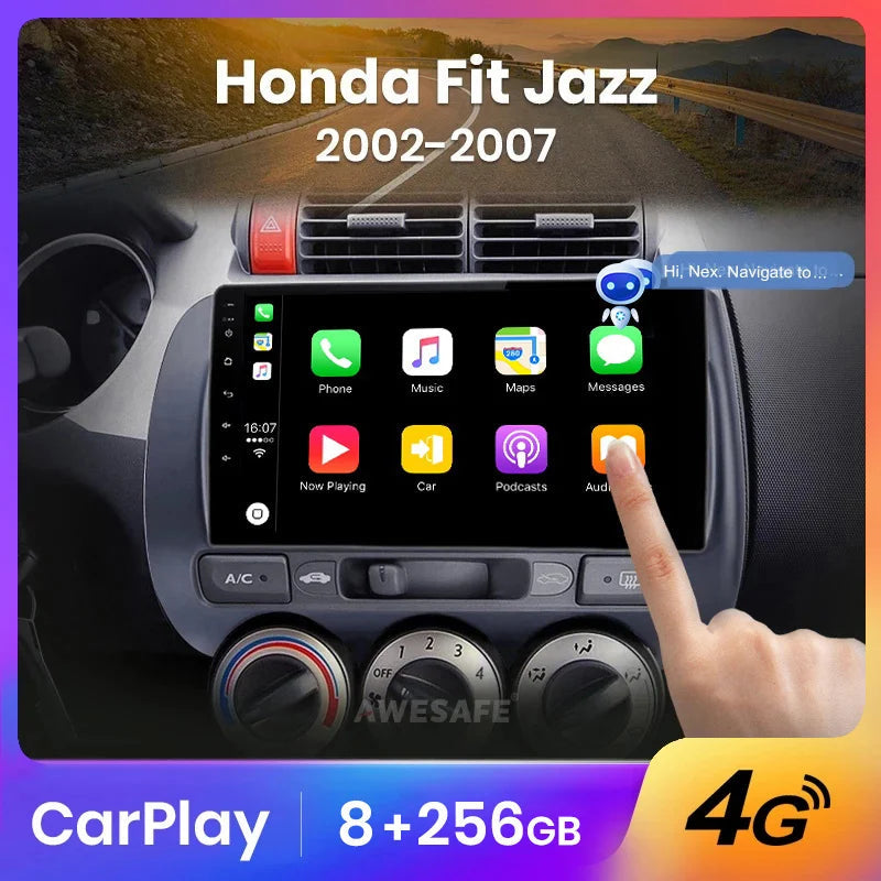 Haut-parleurs sans fil, PX9 pour Honda Fit Jazz 2002-2007, navigation multimédia, autoradio Android, CarPlay, stéréo avec WIFI, 1 Go-16 Go, LHD