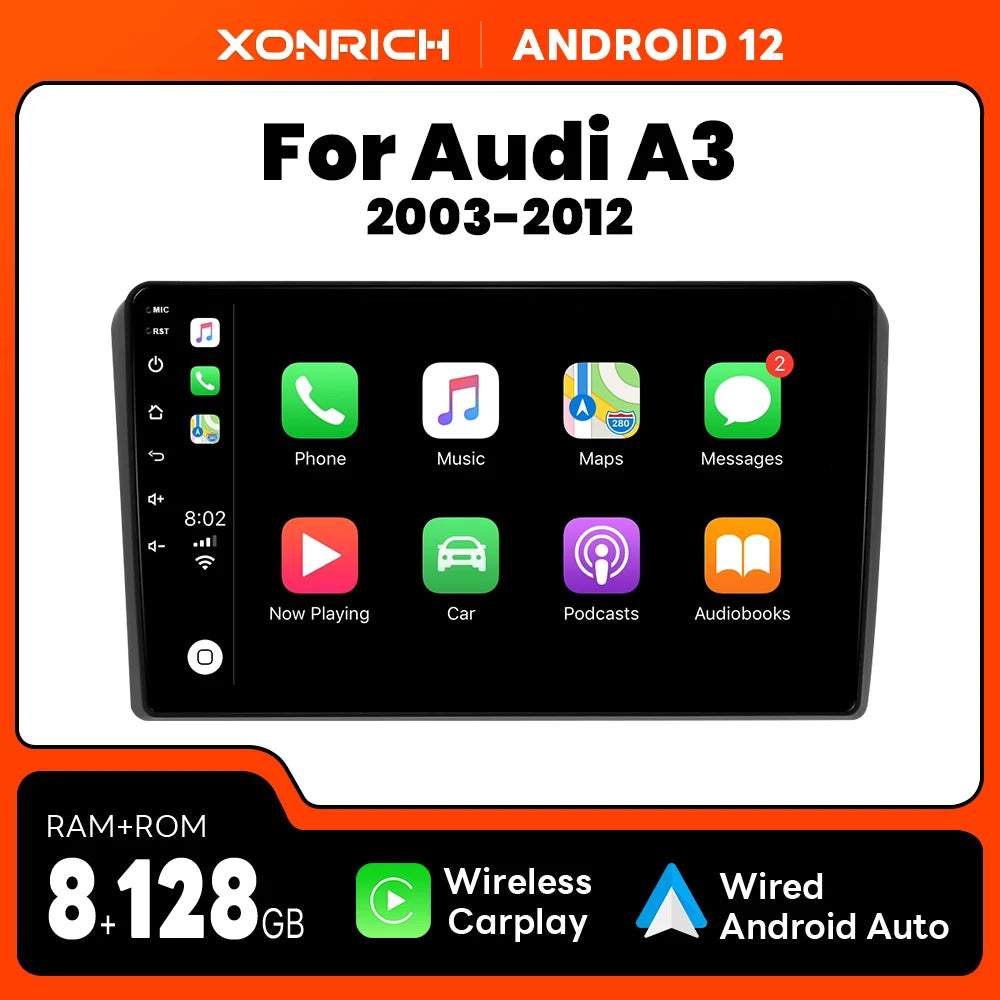 Wireless Carplay Android 12 Car Radio Audi A3 8P 2003-2013 GPS Navigation IPS Multimedia Player DSP 4G Wifi RDS V1, 8GB+128GB, Black, Standard Size.