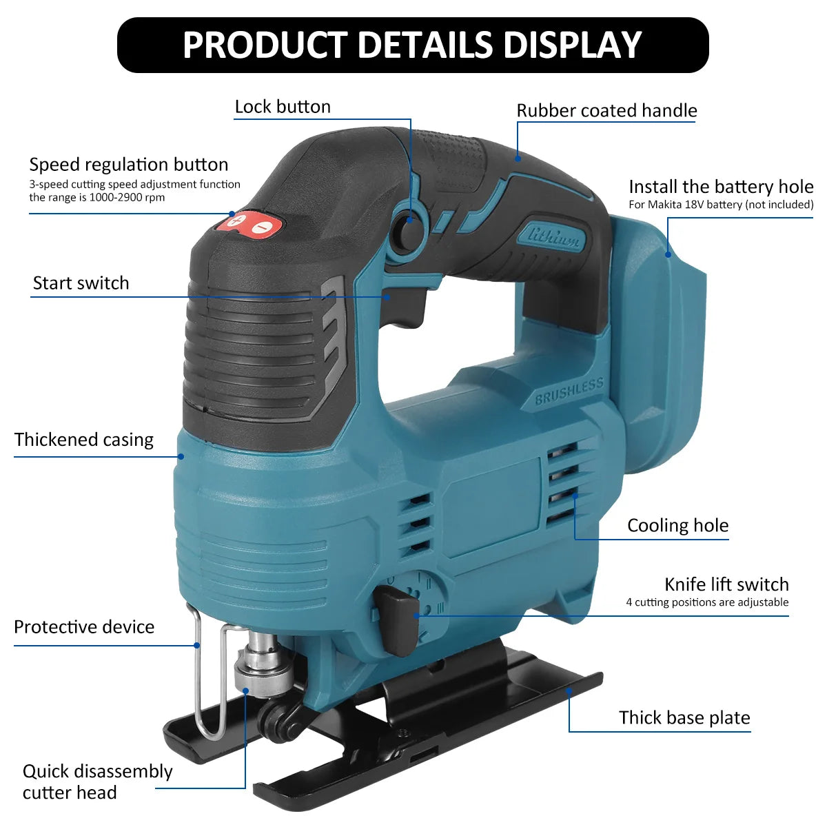 Wood Router, 900W, 2900rpm, 3 Variable Speed, No Battery, 65mm, Blue