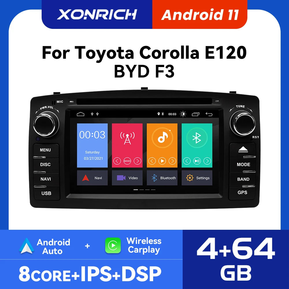 Wireless Speakers, , Android 12 Car DVD Player, 4GB 64GB, Toyota Corolla E120 BYD F3, GPS Navigation, Multimedia DSP RDS Radio, 4Core 2GB 32GB, Black, 2Din.