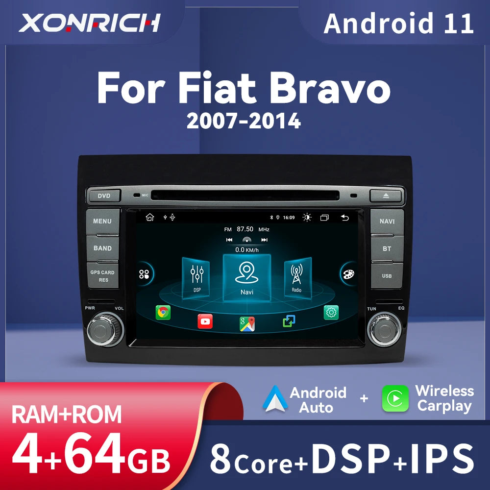 Wireless Speakers, , Android 12 2 Din Car DVD Player Fiat Bravo GPS Navigation Auto Radio DSP IPS 4GB 64GB OBD2 Cam, Black, Universal Size