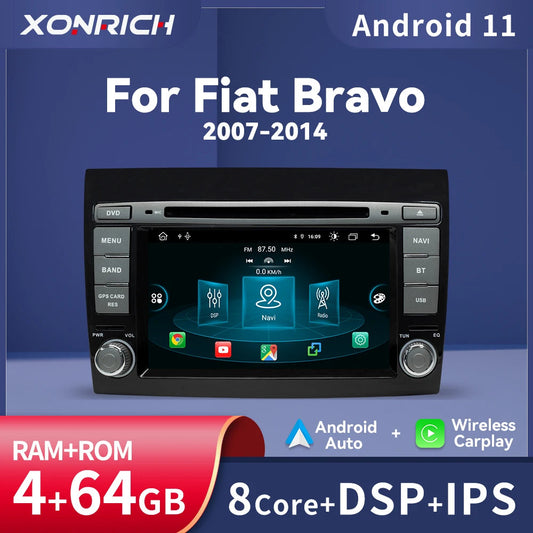 Wireless Speakers, , Android 12 2 Din Car DVD Player Fiat Bravo GPS Navigation Auto Radio DSP IPS 4GB 64GB OBD2 Cam, Black, Universal Size