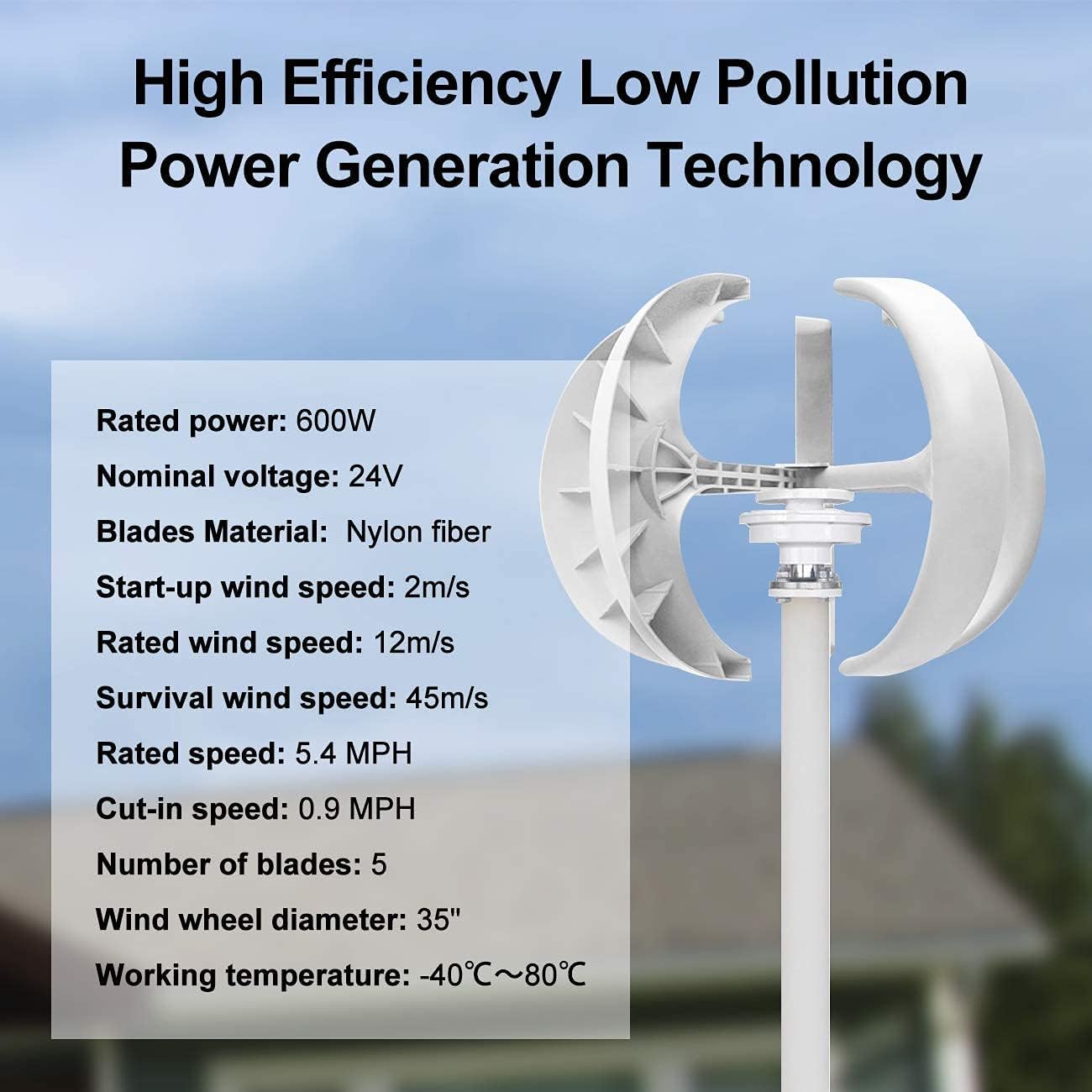 Wind Turbine, 12V, 600W, with Controller, White