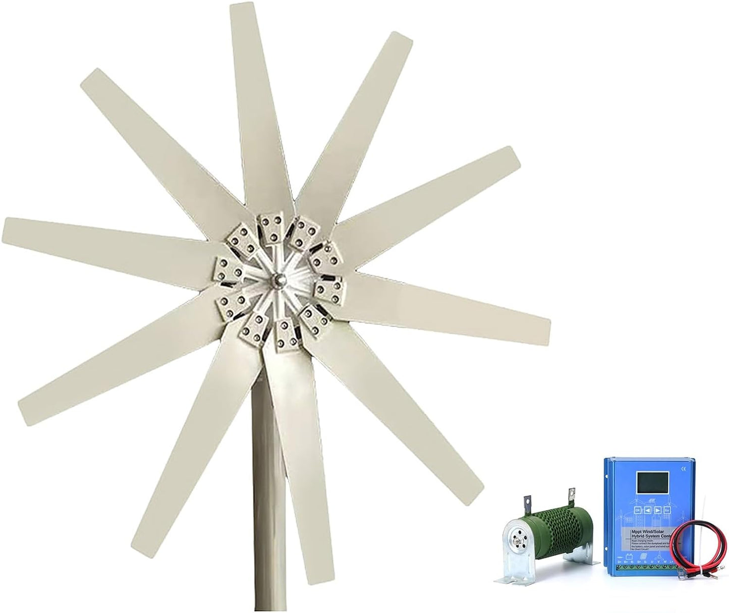 Wind Turbine Generator, Electric, with Controller, 12V, 8000W, 10 Blades, White