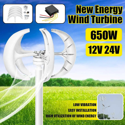 Wind Turbine, 650W 12/24V, 5 Blades, MPPT Controller, Low Noise, High Efficiency, Black, Small