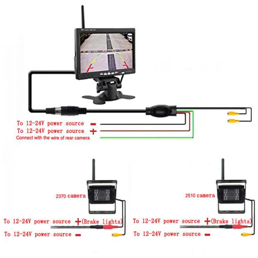 Wireless Backup Camera, , 7" Monitor, Dual Rear View, Wireless, Trucks Bus Excavator Caravan RV Trailer