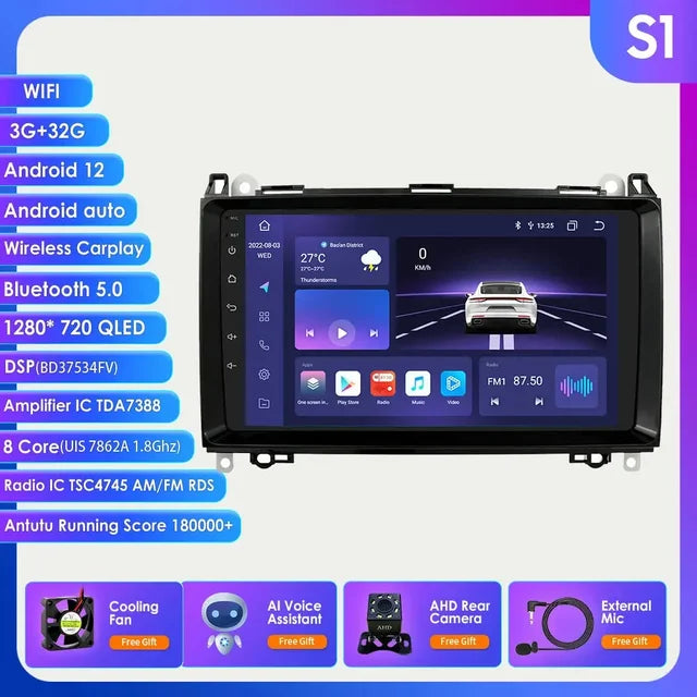 WiFi Controlled, S1 AI AHDCAMERA1, 8+128G, Android 12 Car Radio Multimedia Player, Mercedes Benz W169 W245 W639 W906 Sprinter B160 B170 B200 Vito Viano A/B Class, Color, Size.