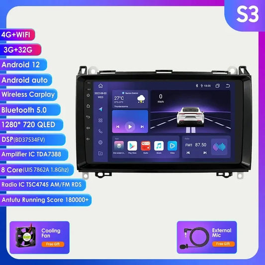 WiFi Controlled, S3, 8+128G, Android 12, Car Radio Multimedia Player, Mercedes Benz W169 W245 W639 W906 Sprinter B160 B170 B200 Vito Viano A/B Class