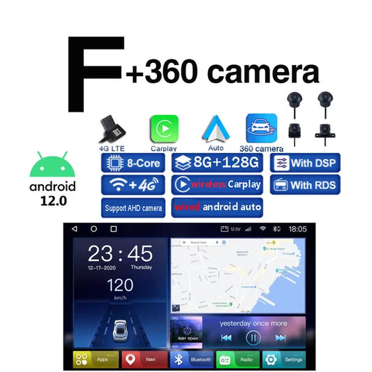 Wireless Charger, F-360, 8" IPS Android 12.0, 8GB+128GB, Car DVD Player, GPS WIFI Bluetooth Radio, Ford Fusion C-MAX S Focus Mondeo Kuga, Black, 8" Size.